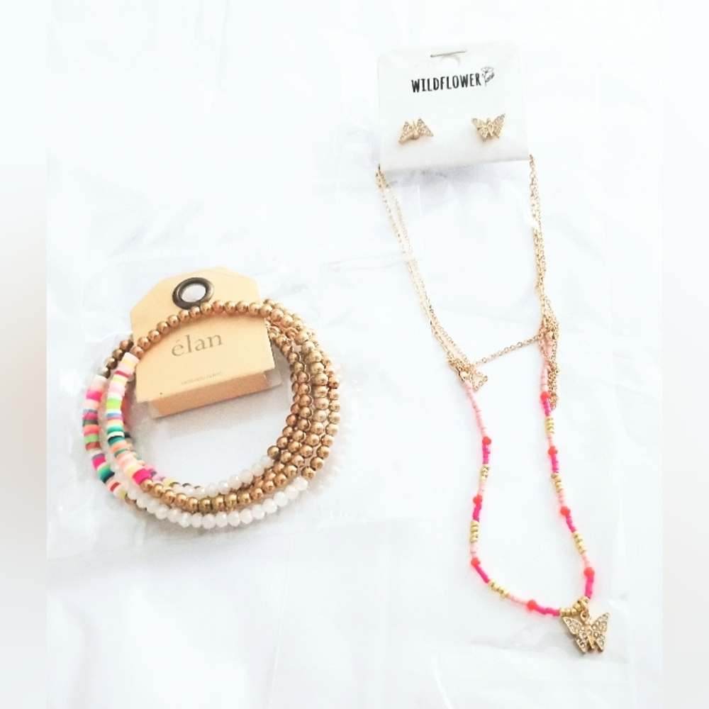 Wildflower Gold Butterfly Necklace/ Earring Set and Pink Beaded Bracelet Set